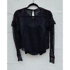 Zara Top Womens Small Navy Blue Red Cropped Lace Ruffle‎ Long Sleeve Sheer Cami